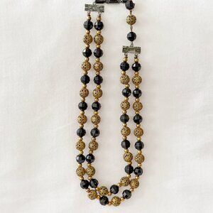 Elegant Double-Strand 16" Black & Gold Filigree Beaded Choker Necklace
